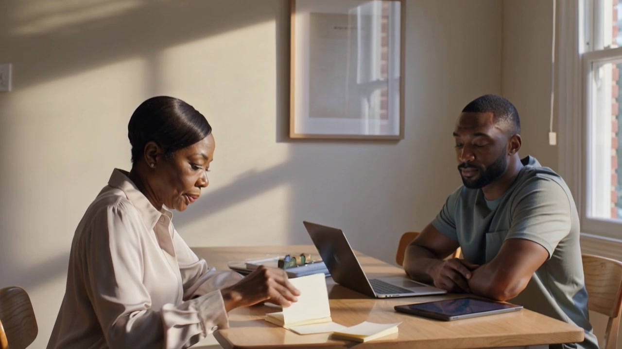 Sorting papers, casual couple reviewing finances at home table with laptop sticky notes notebook