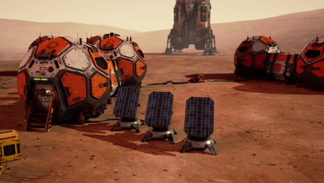 explorando la base marciana con módulos de hábitat bajo un cielo naranja polvoriento