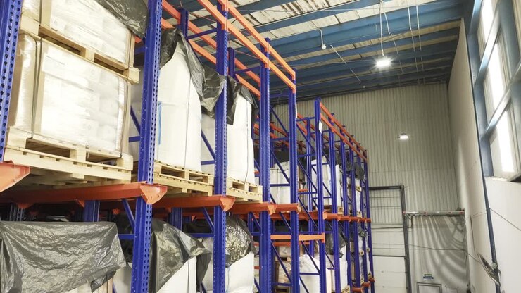 All'interno di un magazzino: molti scaffali carichi di pallet impilati ordinatamente, contenitori anonimi
