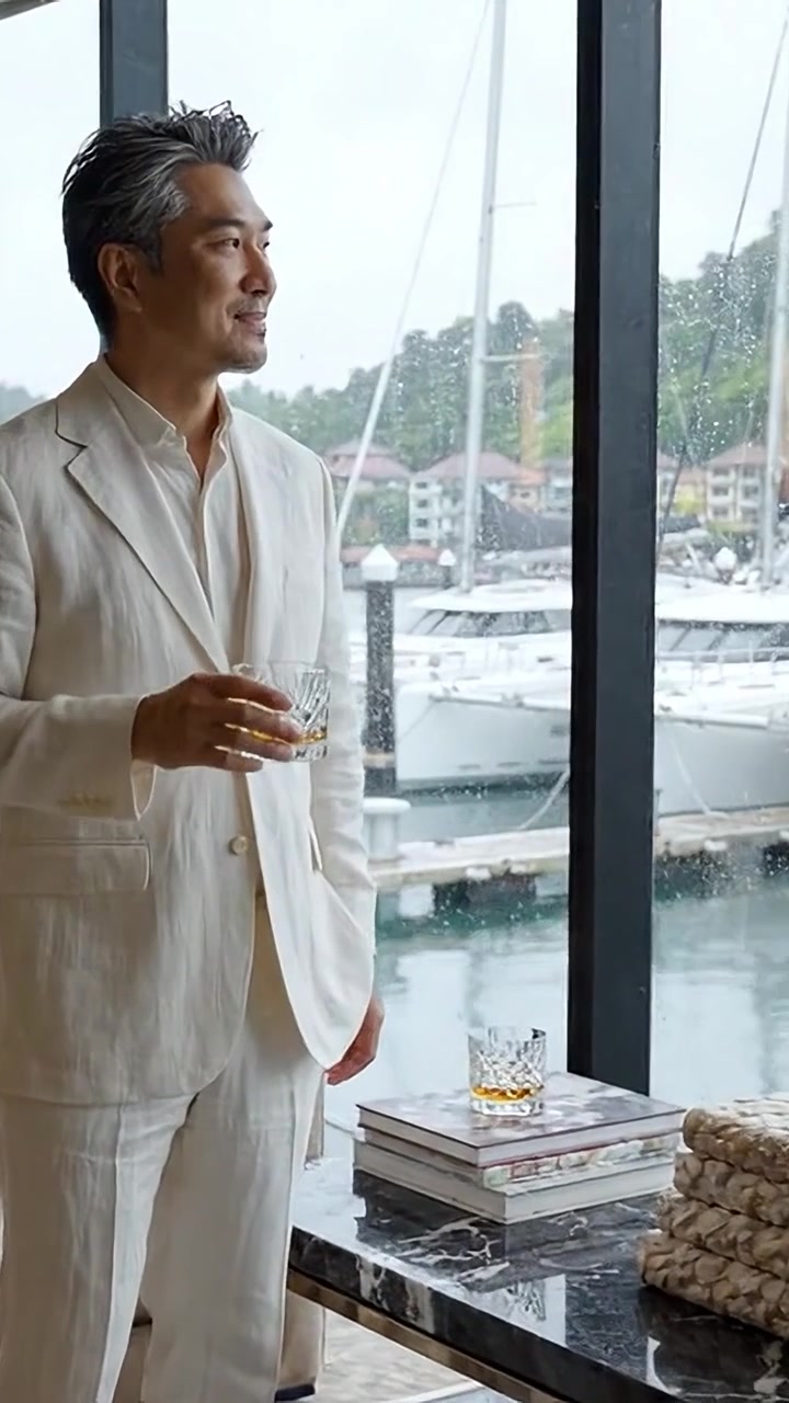Seorang pria berkelas dengan setelan putih elegan menikmati minuman mewah sambil menatap penuh perhatian melalui jendela besar yang menghadap ke marina yang tenang.