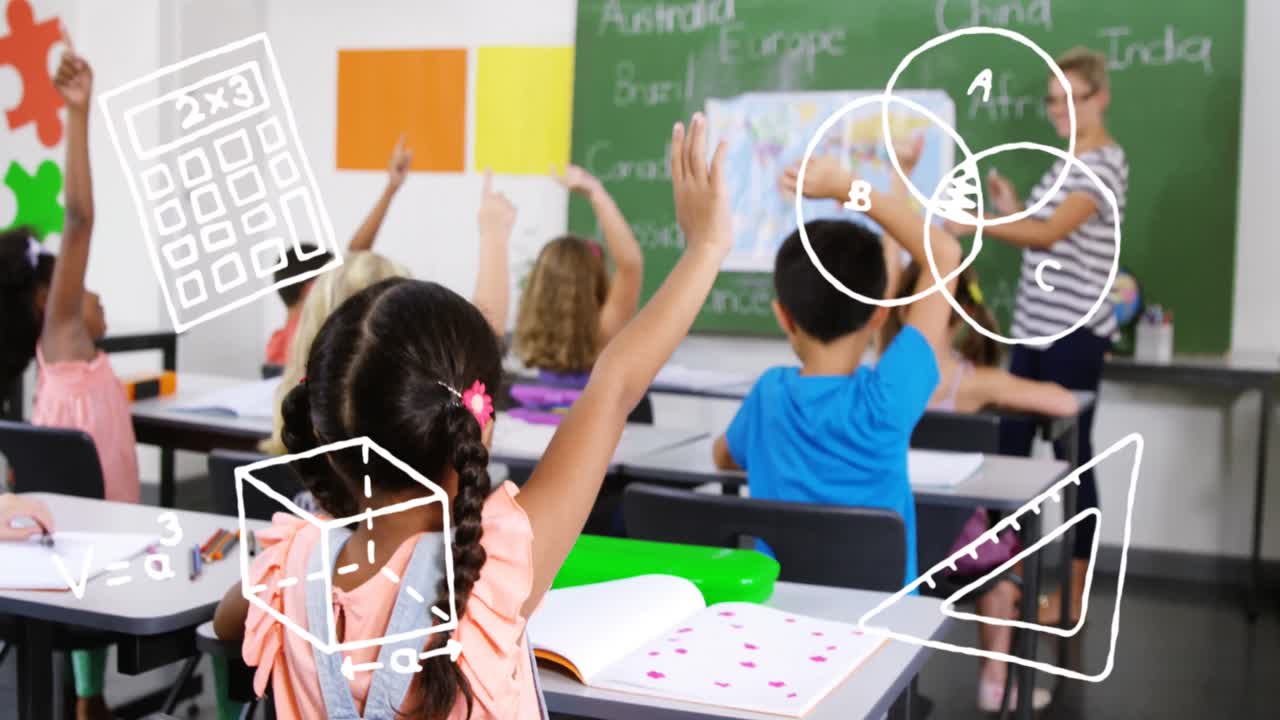 iconos de conceptos matemáticos contra estudiantes levantando las manos en la clase en la escuela primaria