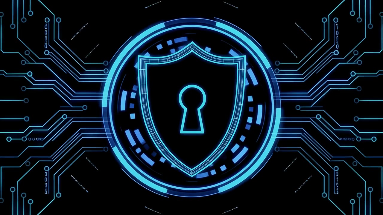 Blue Digital Security Shield with Keyhole and Circuit Board Animation