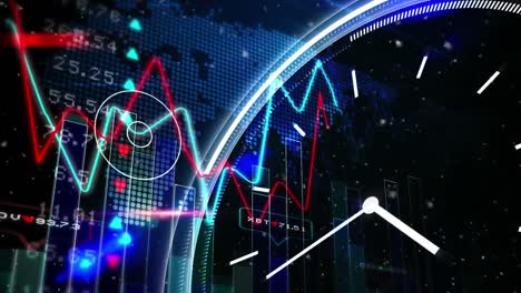 animation of data processing and stock market over clock and world map on black background