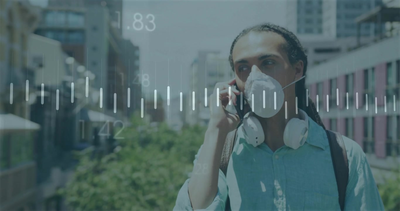 Male commuter raising phone to ear on walkway, initiating call and animating waveform for telecom