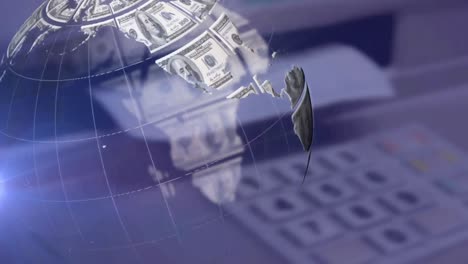 animation of rotating globe of dollar bills and moving light over numeric keyboard