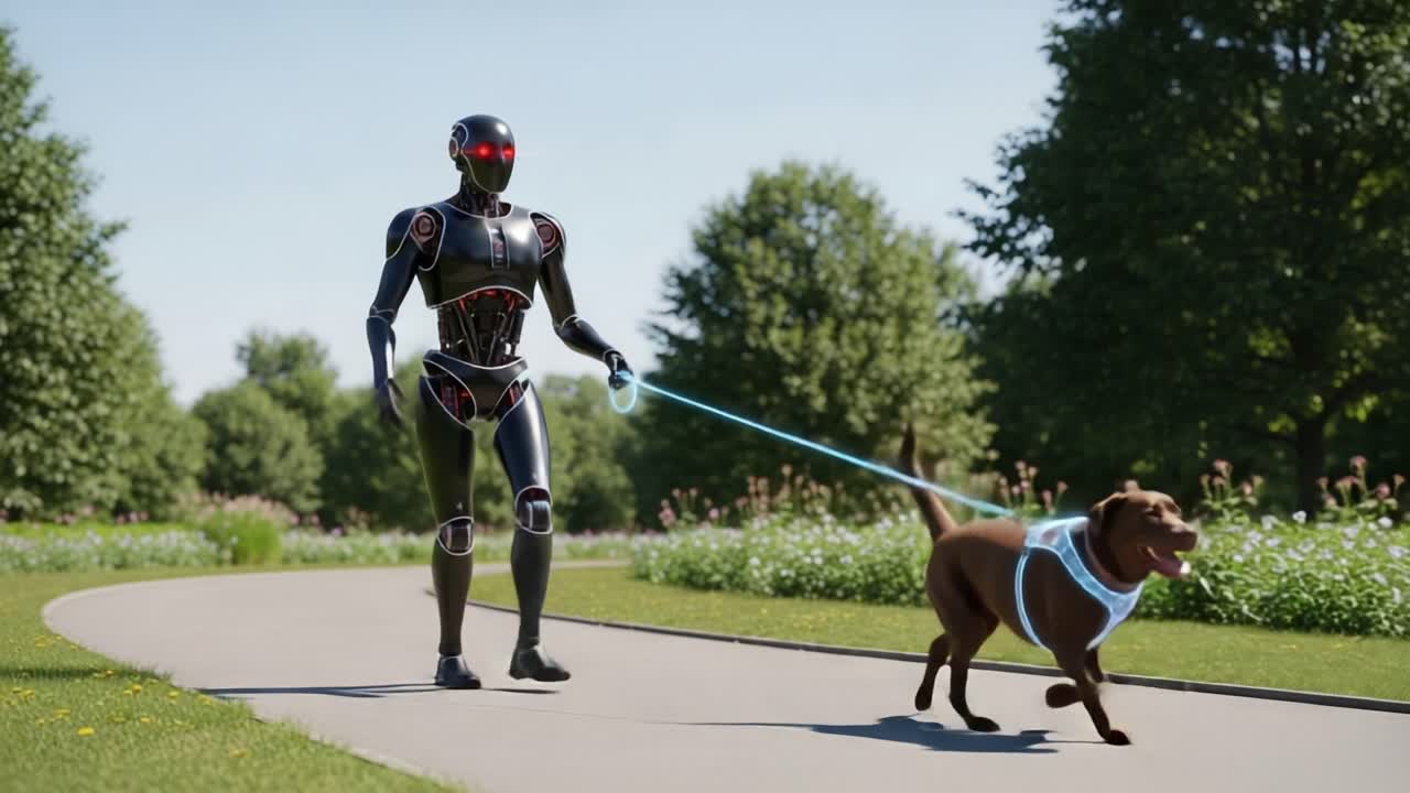 A cutting-edge robotic companion effortlessly walks a joyful dog along a picturesque park path, showcasing the future of technology and pet care in harmony
