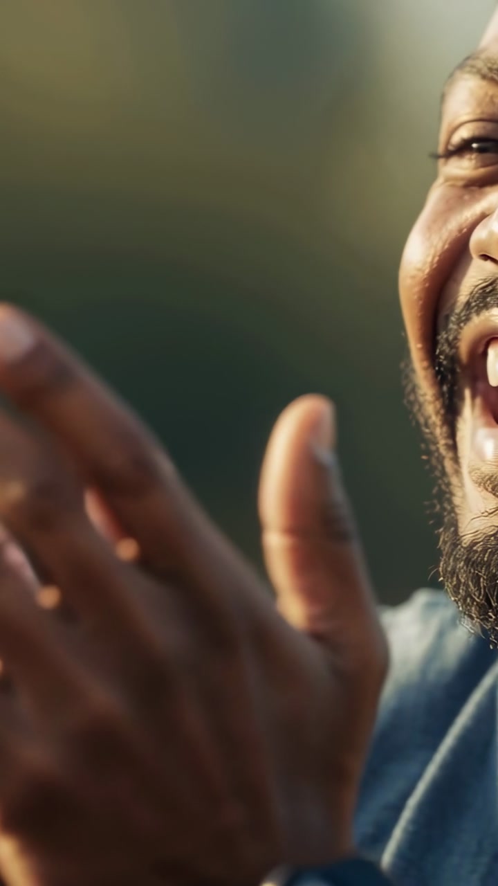 Vertical video: Clapping bearded man in blue shirt reacting to offscreen joke outside, toothy laugh