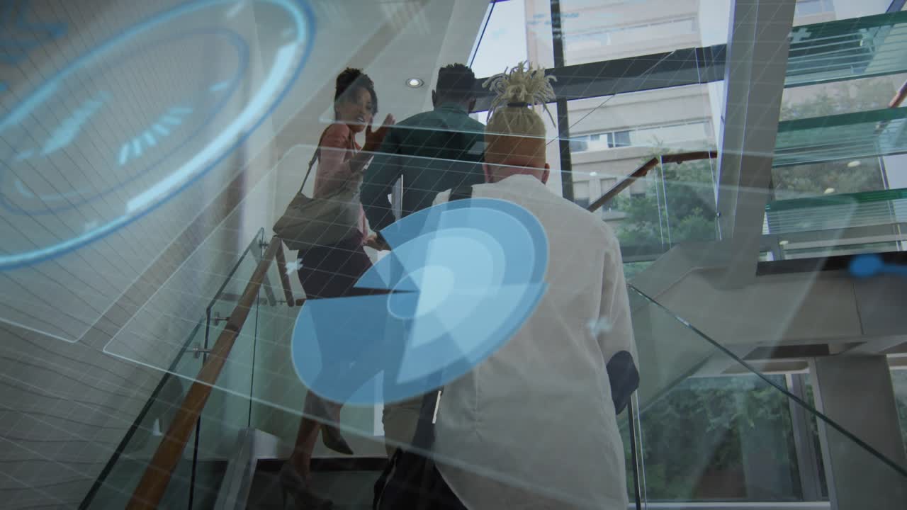 Office team boarding glass stairs and climbing to upper floor, with blue UI overlaying group