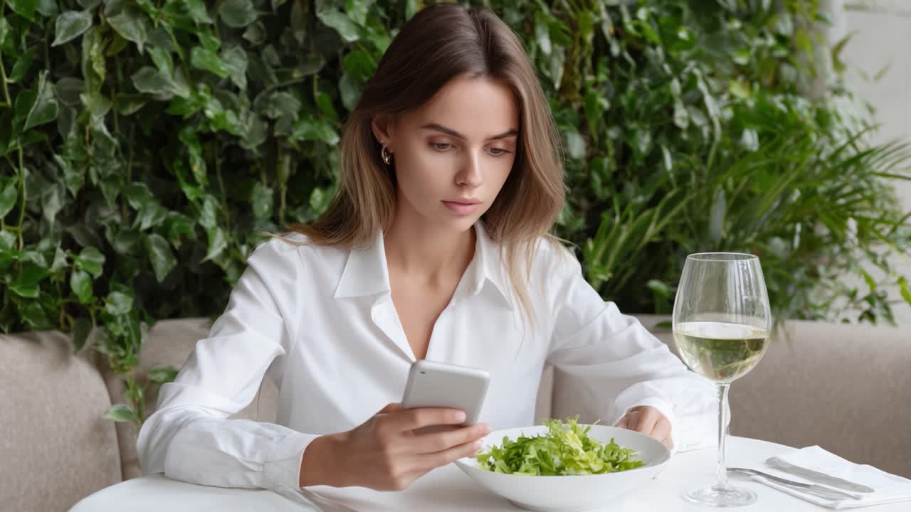 Focused Dining Experience: A Young Woman Savoring Fresh Salad While Engaging with Her Smartphone in a Lush Greenery Setting