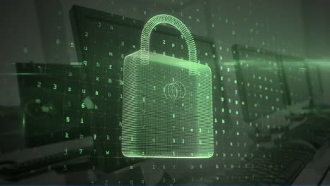 animation of digital padlock and numbers over computers in office