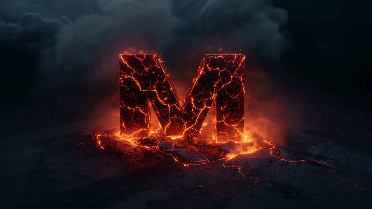 Emerging orange glow igniting molten fissures as letter M rising on rocky plateau, smoke drifting