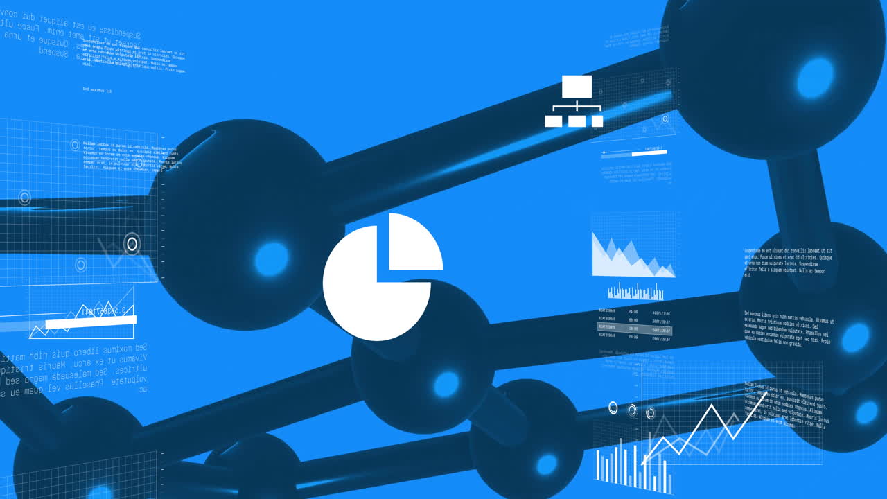 Animation of financial data processing and connections over blue background