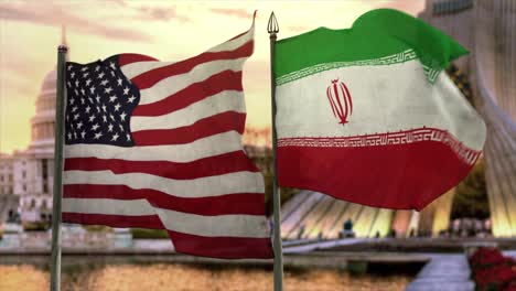 CGI-3D-animation-of-the-USA-Flag-and-the-Itan-Flag-over-a-composite-background-of-Washington-and-Tehran