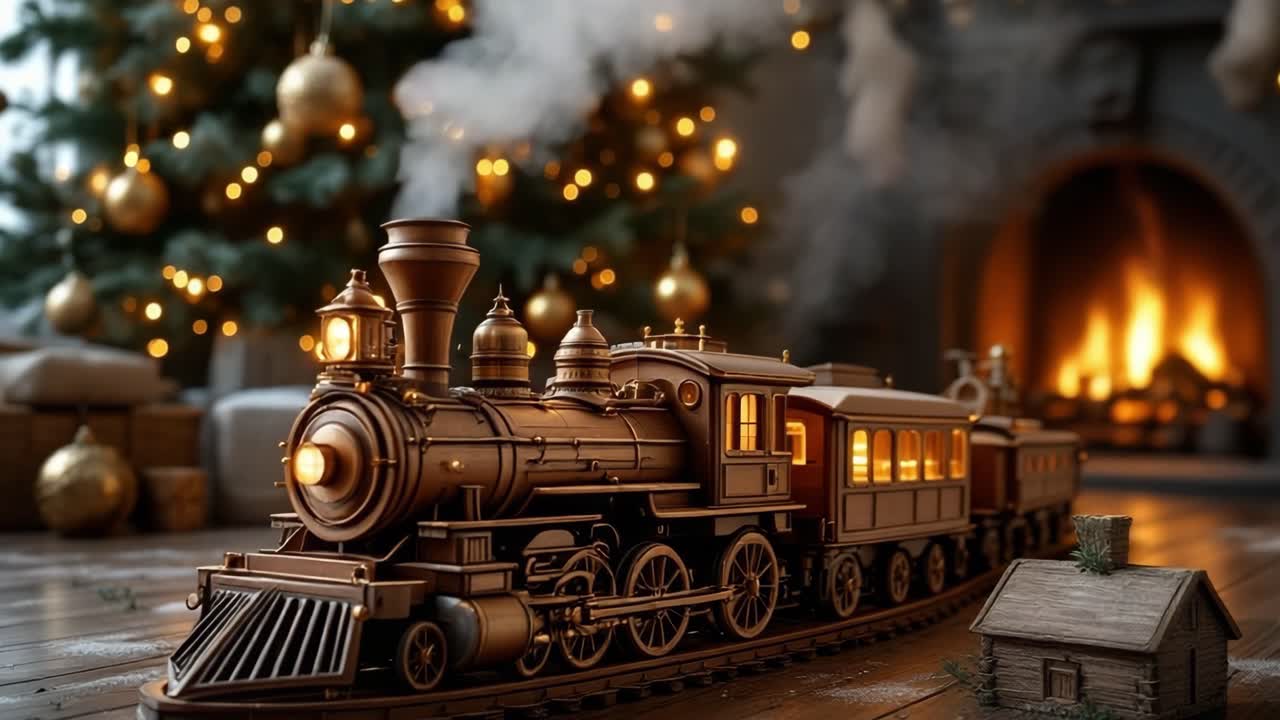 Vintage steam locomotive chugging through a festive holiday scene with glowing lights and decorations