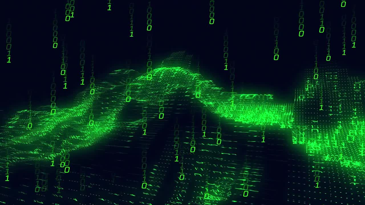 Animation of spots and binary coding over black background