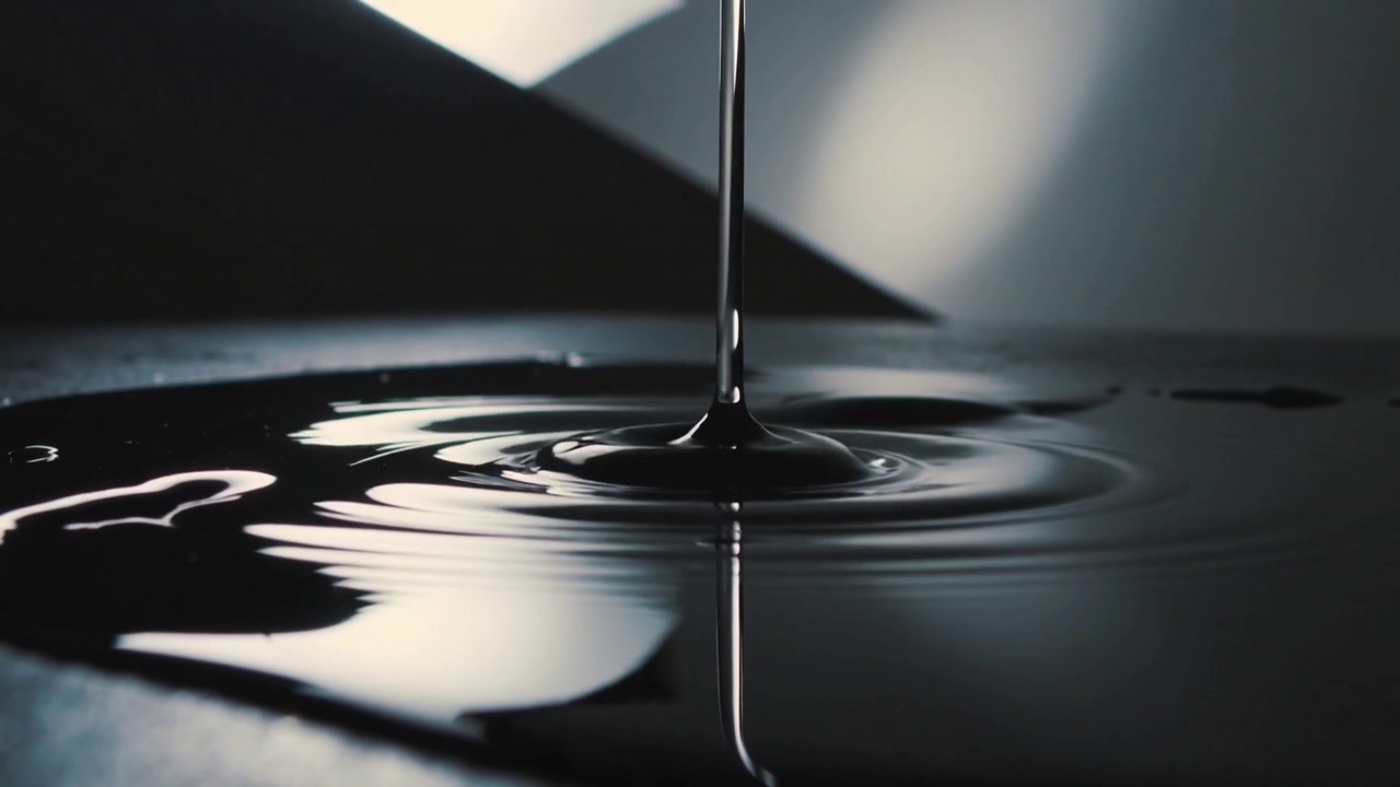 Falling clear drop creating crown on studio puddle and sending concentric ripples across dark glass