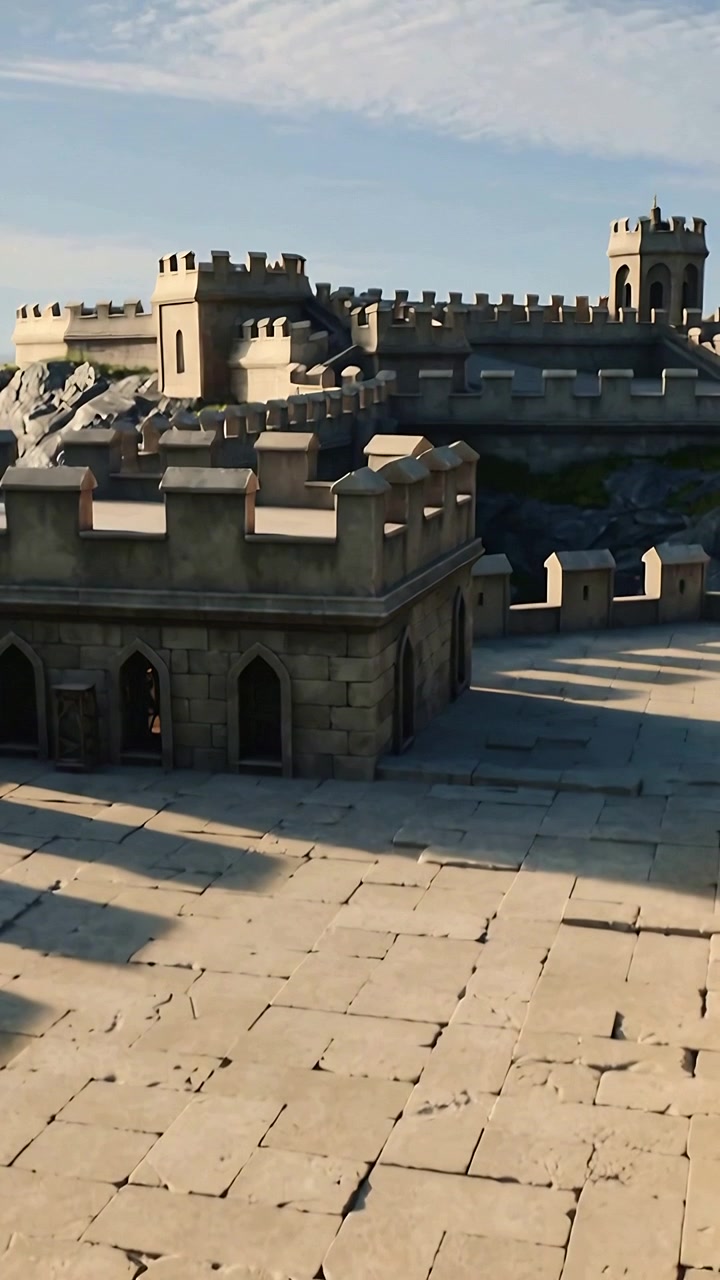 Video verticale: Telecamera che esegue una panoramica dopo il segnale, rivelando il cortile del castello, la pavimentazione crepata e i bastioni.