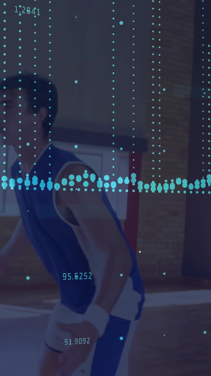 Ball contest starting blue jersey shuffling then sprinting for analytics with teal data over court