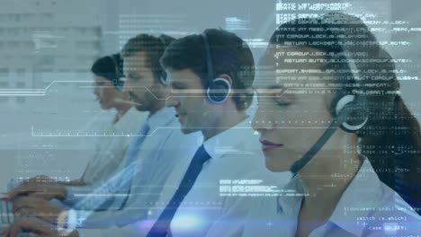 animazione dell'elaborazione dei dati su un team di diversi dirigenti di assistenza clienti che lavorano in ufficio.