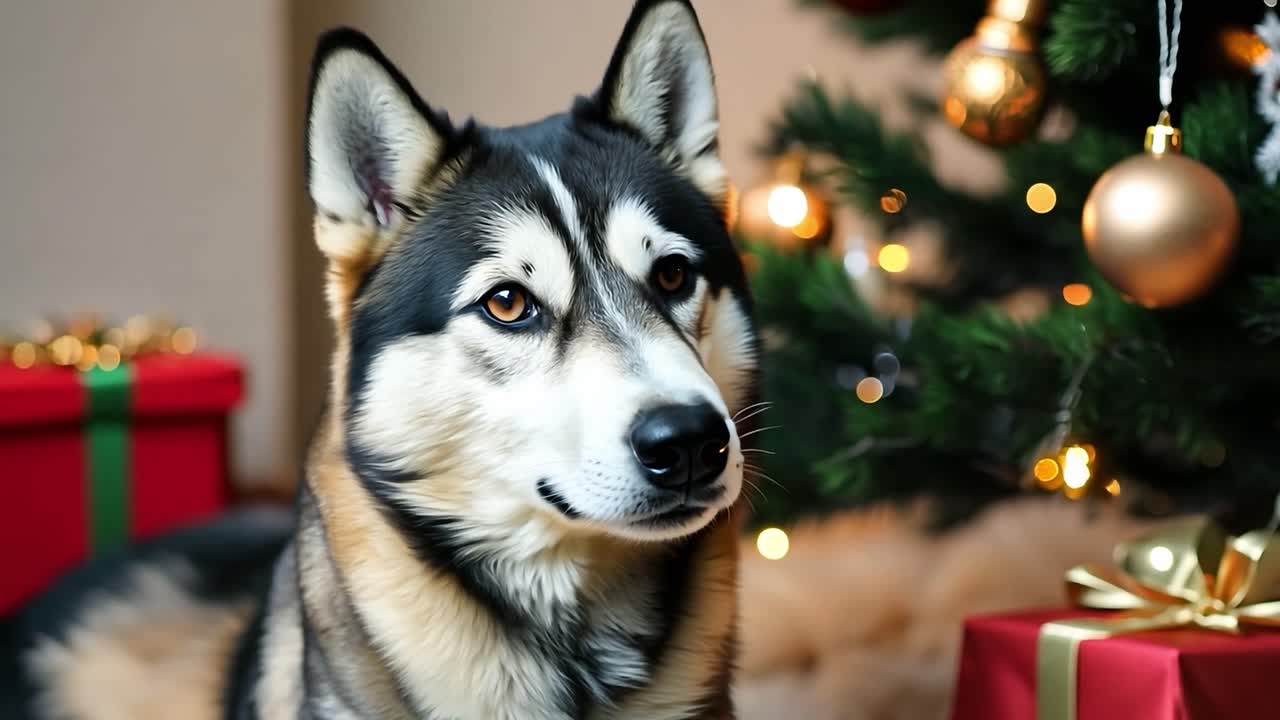 хаски-собака у рождественской елки
