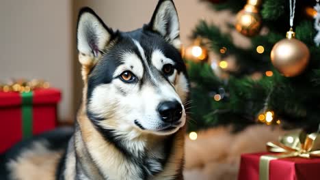 husky dog by christmas tree