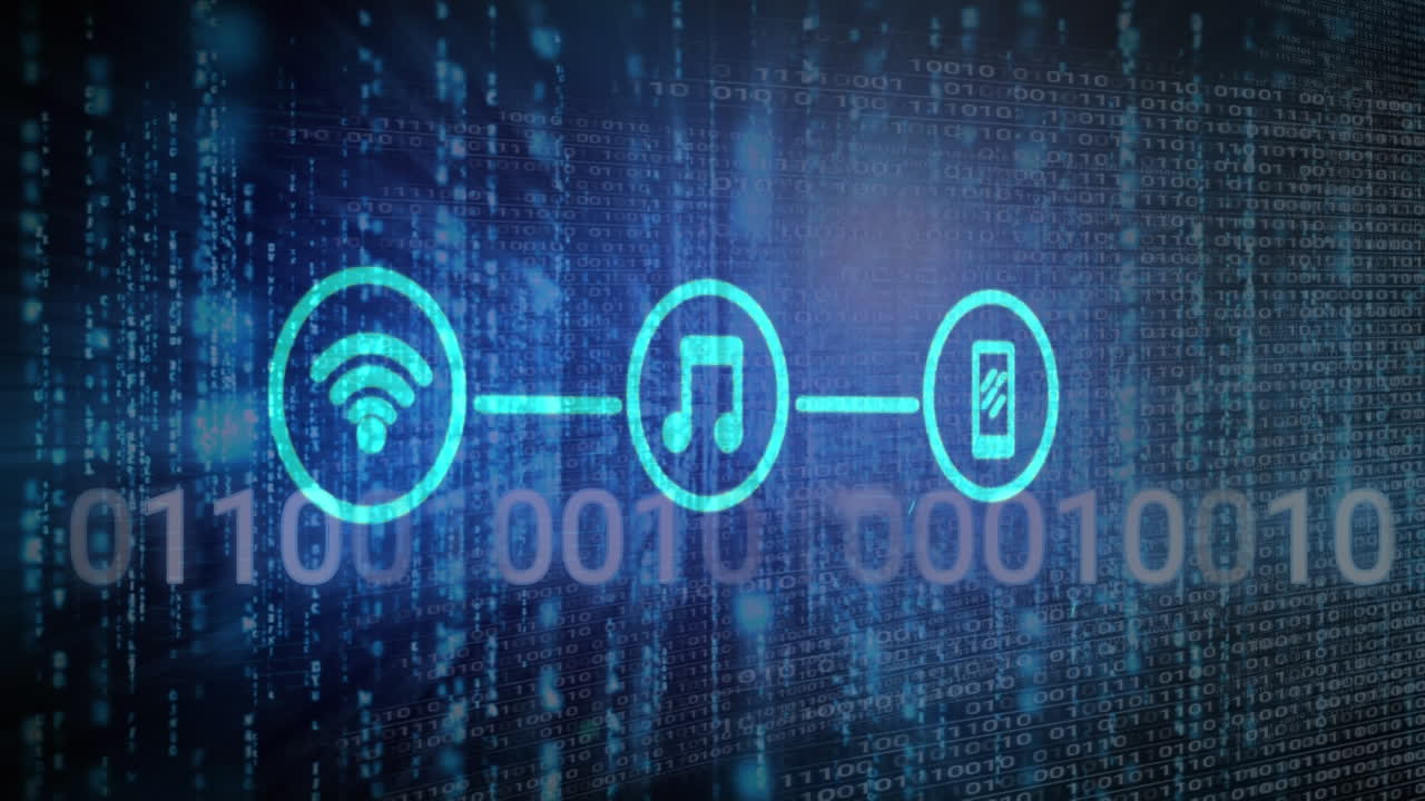 animação de processamento de dados e ícones sobre fundo escuro