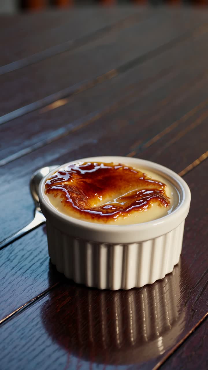 A close-up, angled shot of a crème brûlée in a white ramekin on a wooden table, perfect