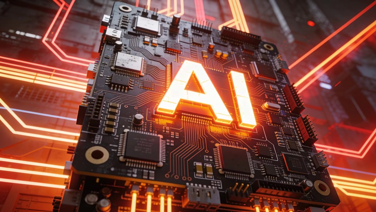 Powering stacked printed circuit board pulsing glowing AI emblem in server bay, showing signal flow