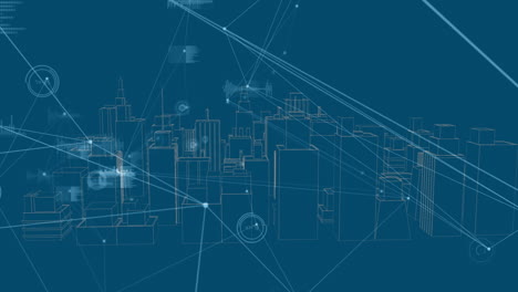 animation of 3d city drawing spinning with network of connections