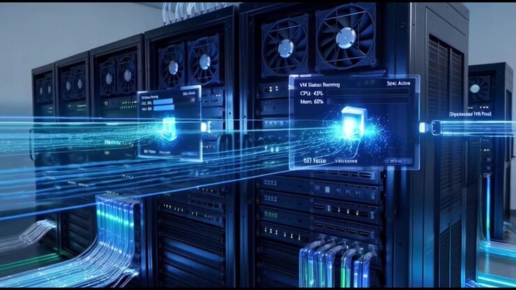 Data Center Server Racks with Animated Digital Network Visualization