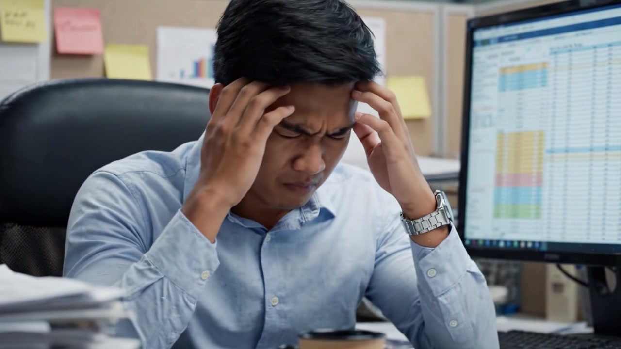 An Office Worker Faces Challenges While Analyzing Data: Deep Focus and Frustration Build During a Long Day of Work at the Computer Desk