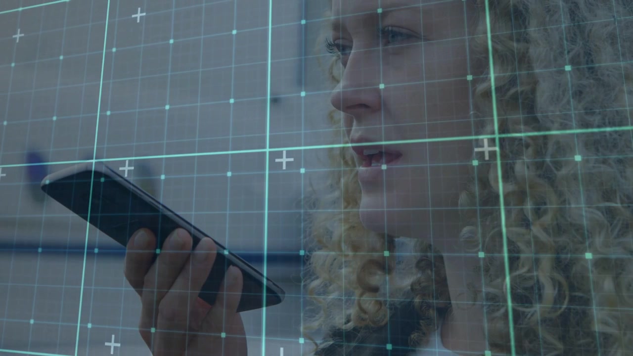 Holding phone by mouth, woman dictating, adjusting phone, necklace-watch, teal-grid, shelving