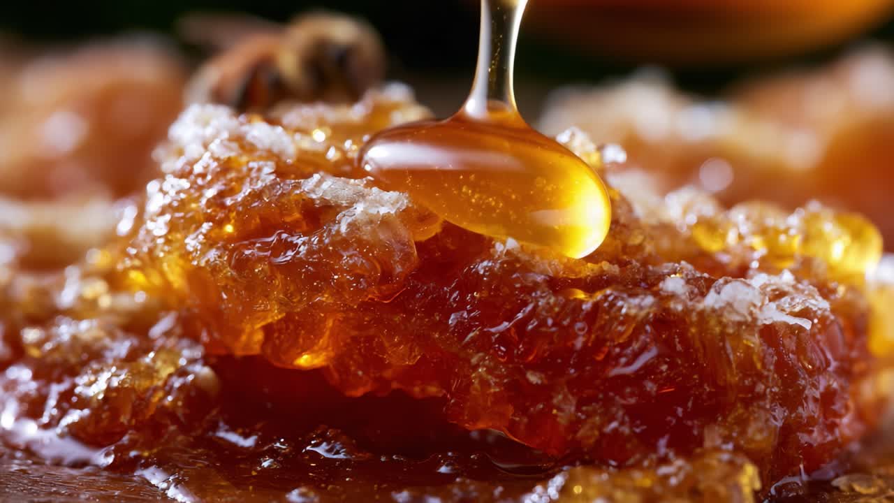 Primo piano di miele dorato che cola da un favo in una vivida esposizione di consistenza ricca e appiccicosa, catturando l'essenza della dolcezza naturale e del piacere gustoso.