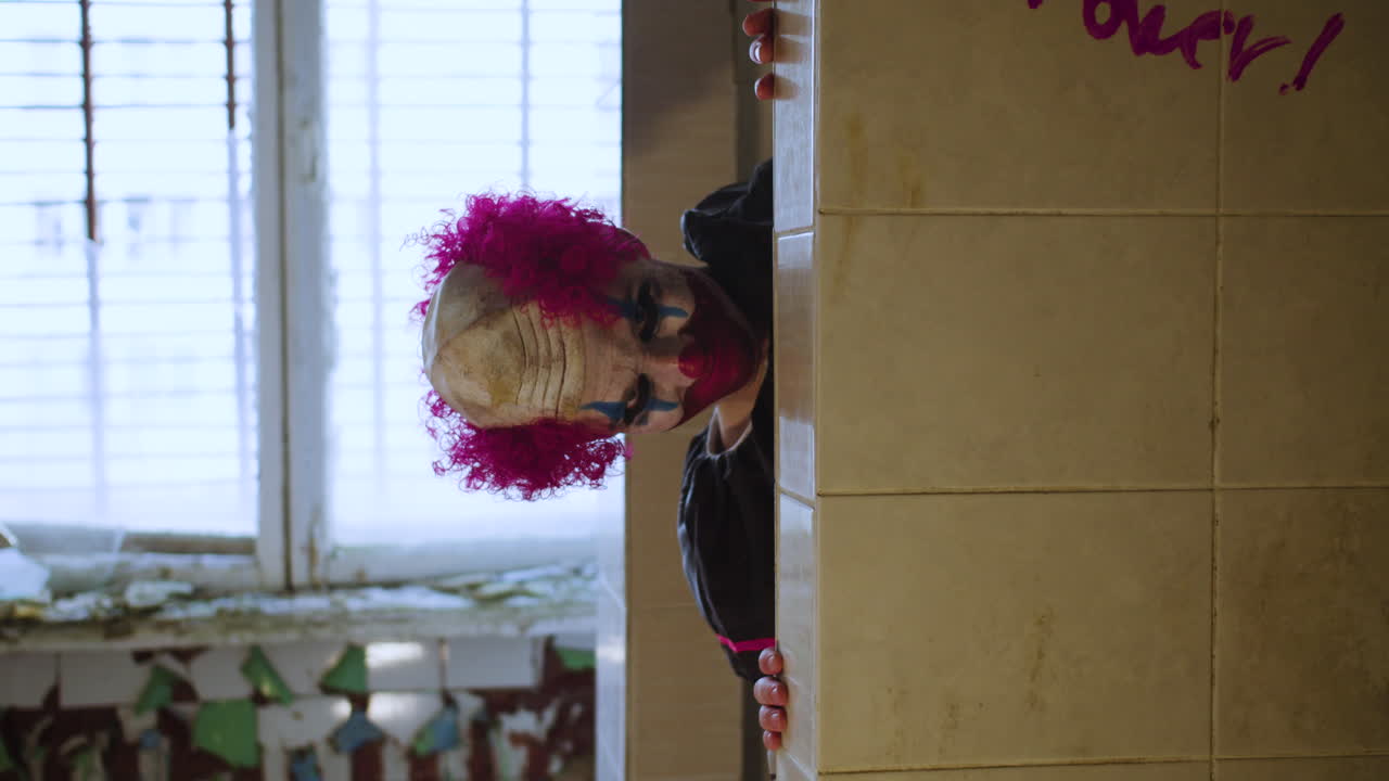 payaso aterrador en una casa abandonada