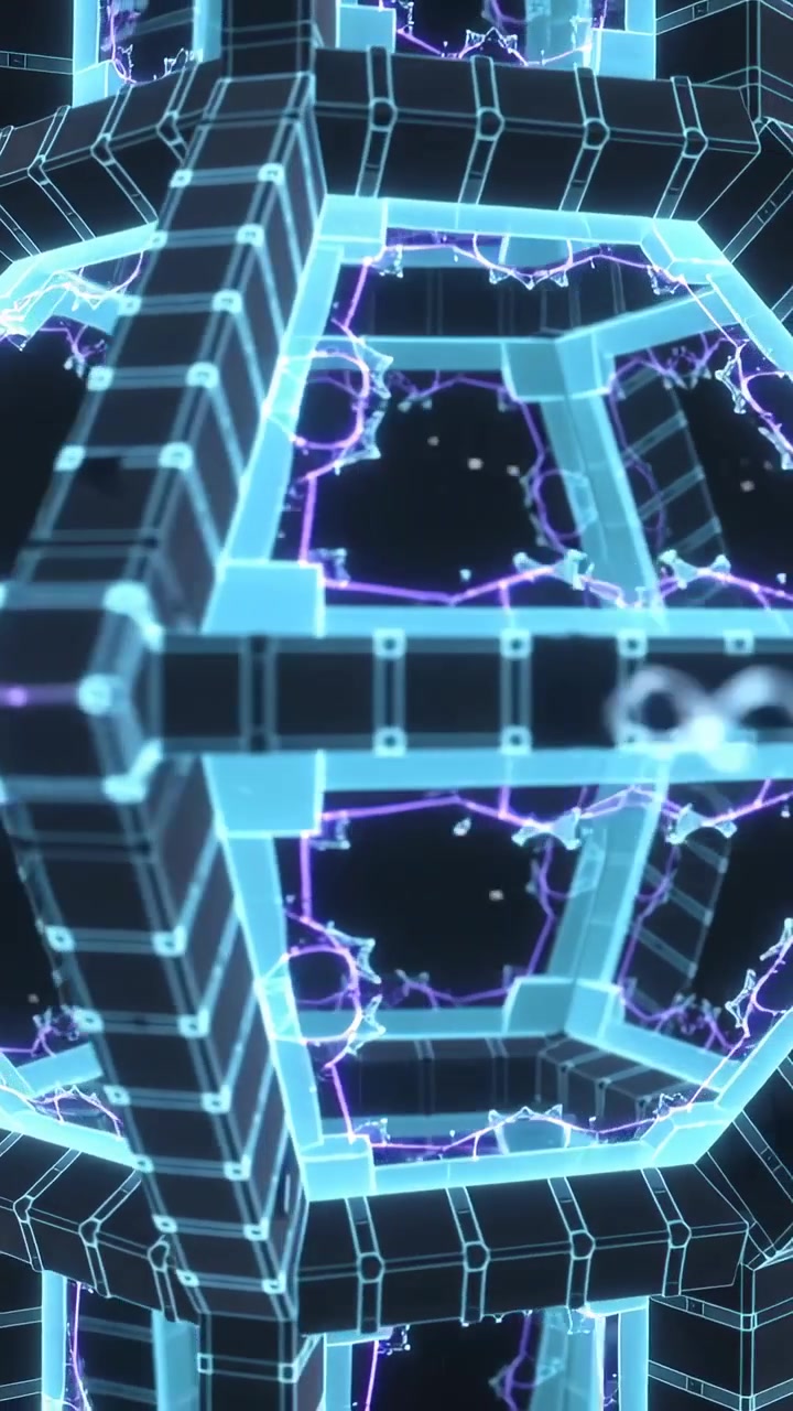 Vertical video: Starting rotation hex frame aligning in void revealing cyan grid and purple arcs