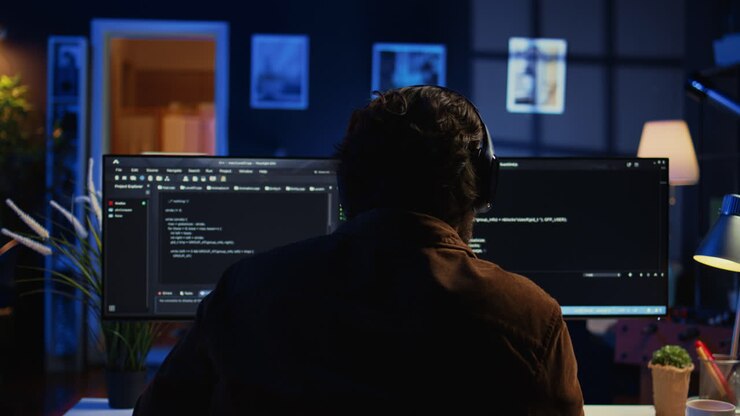 Techniker, der Musik hört, während er Firewalls mit Programmierung verstärkt