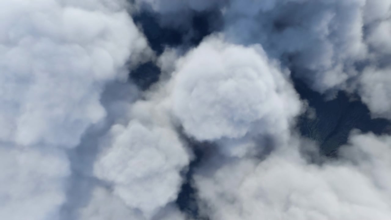 Aerial view of dense cumulus clouds with rounded central mass, soft puffs, translucent edges, and small sky openings, creating calm natural texture with gentle visible transformation