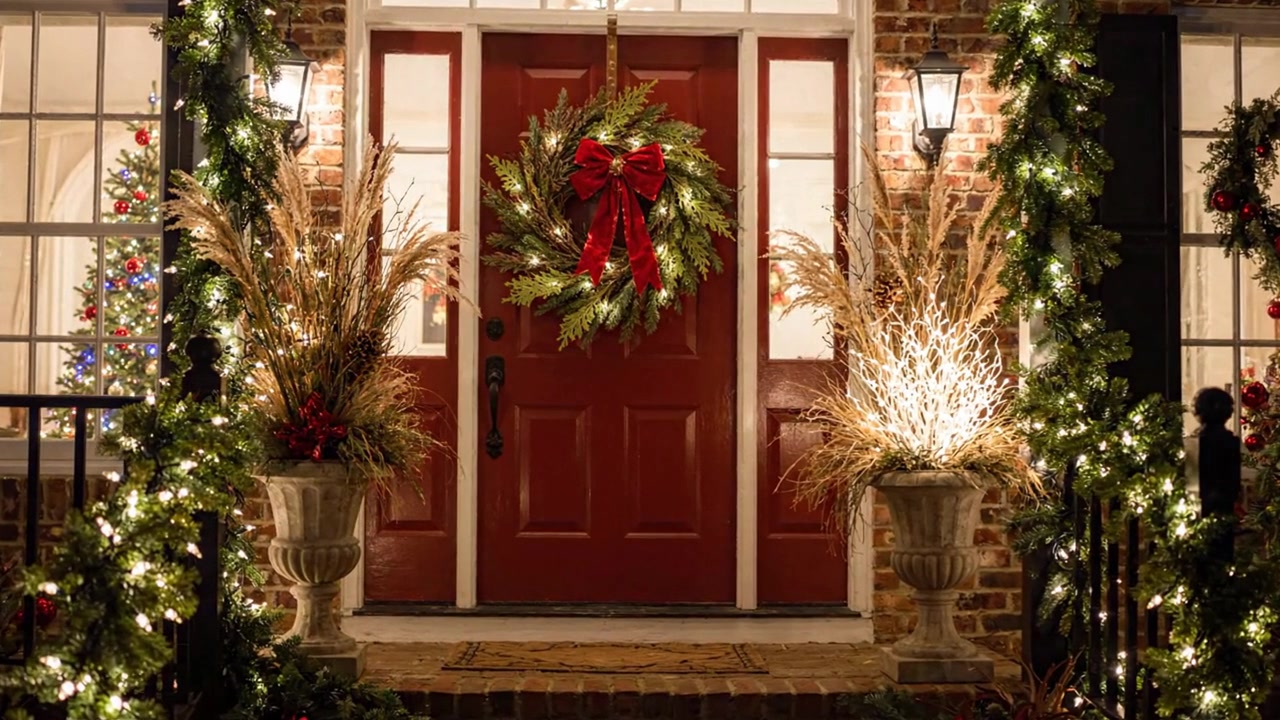 Joulunajan kodin koristelu punaisella ovella