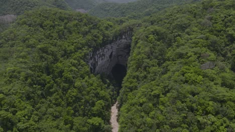 Cave-and-River-in-Rainforest-Jungles-of-Veracruz,-Mexico---Aerial