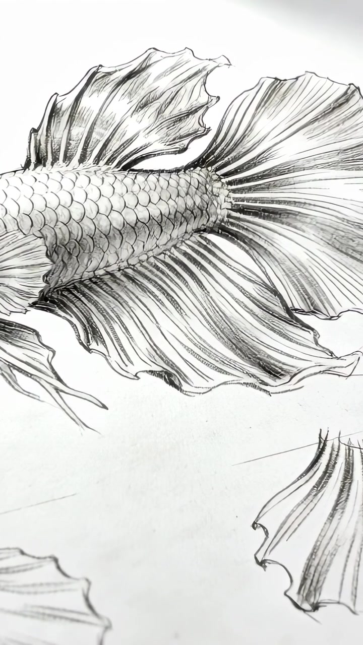 Video verticale: Telecamera in movimento che rivela una coda di pesce in grafite su un tavolo, mostrando i tratti della matita.