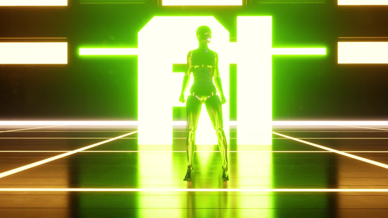 어두운 넓은 공간 안에 서 있는 인공 지능 로봇, 빛나는 네온 불빛, 광택 있는 표면, 그 뒤에 있는 ai 문자, 3d 애니메이션 카메라 확대