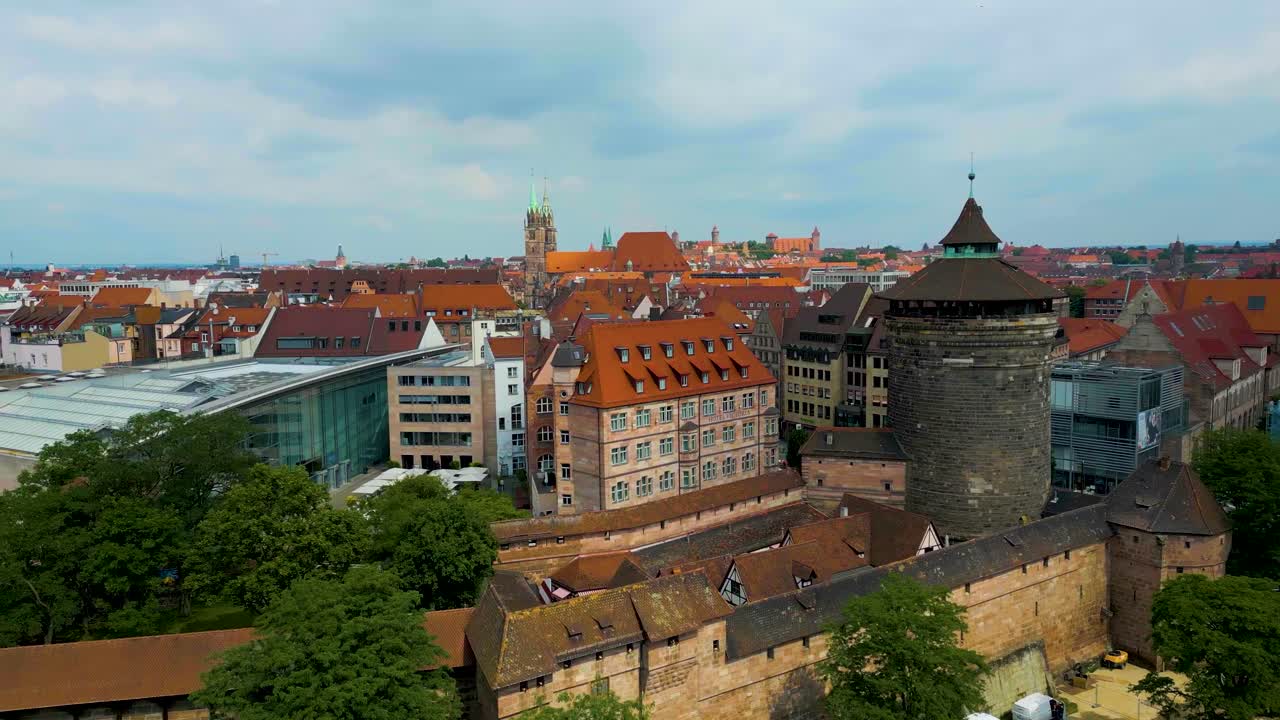 4K Aerial Drone Video of Ancient Women's Gate Tower and New Museum in Downtown Nurnberg, Germany