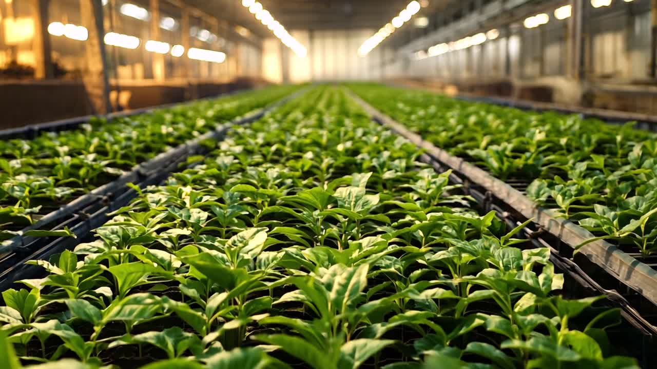 Rows of seedlings growing in a greenhouse