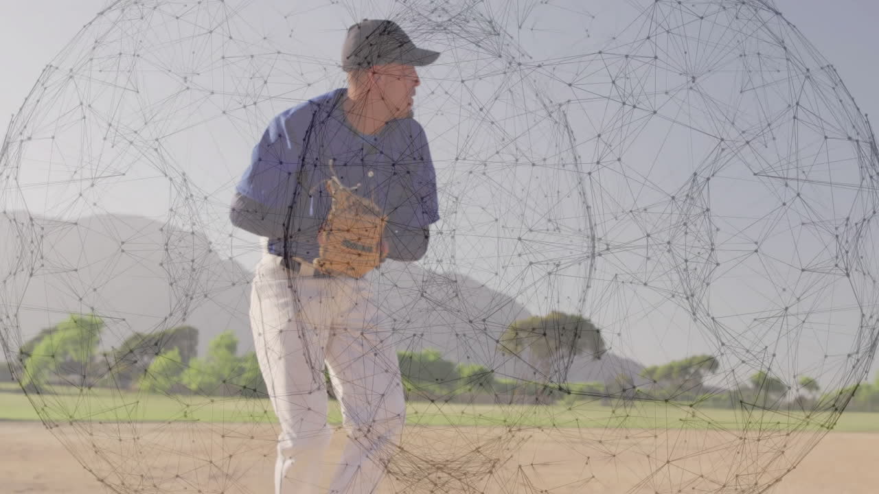 Baseball player preparing to pitch with network of connections animation overlay