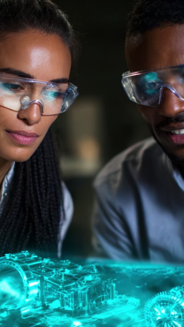 Fokuserede videnskabsfolk, der analyserer avanceret teknologi med augmented reality i en laboratorieindstilling, og fremviser værktøjer og innovative ingeniørteknikker til fremtidige projekter