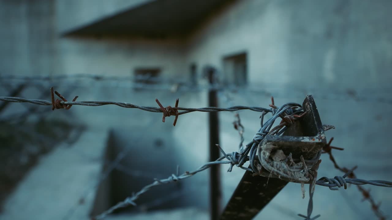 Close up shot of barbed wire near old war bunker