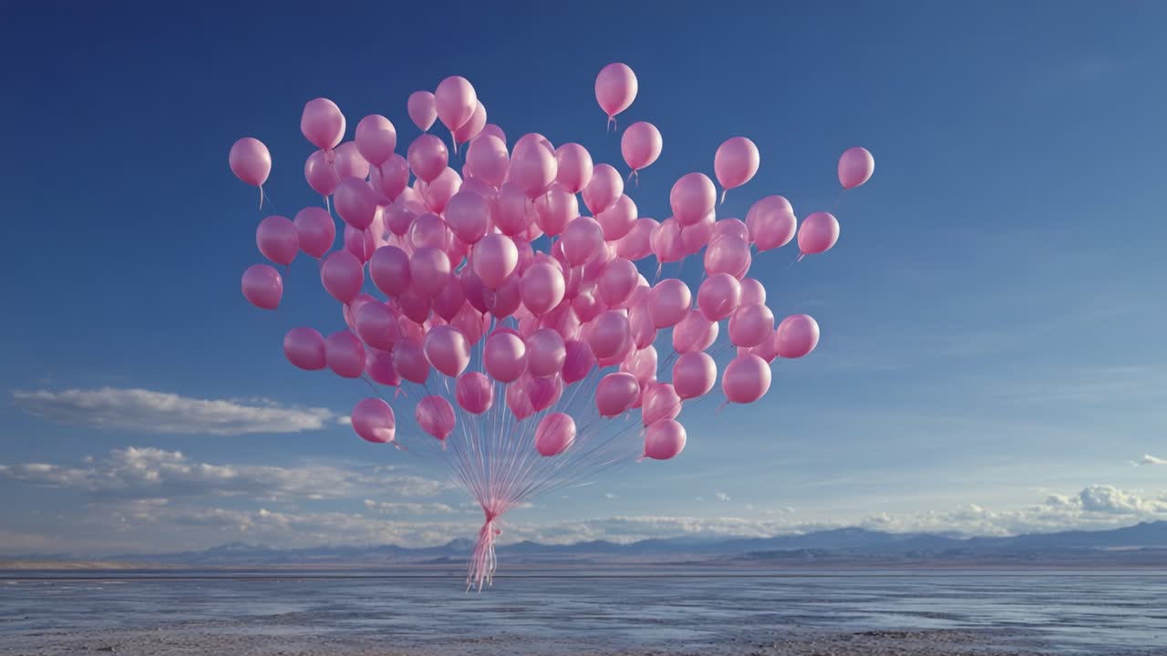 A mesmerizing display of numerous pink balloons floating gracefully against a vibrant blue sky, capturing the essence of joy and celebration in a serene landscape