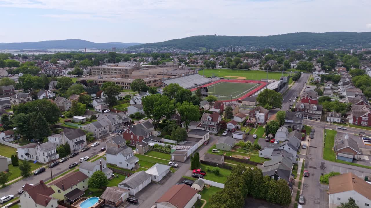 American neighborhood in Bethlehem, Pennsylvania, USA. Aerial forward