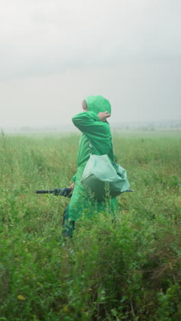 side view of woman in green raincoat carrying mint-colored bag and umbrella walking through misty green field, framed by scattered bushes, trees, and distant power lines under a cloudy sky