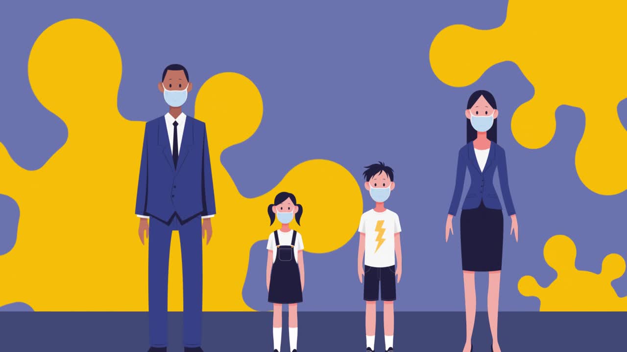 파란색 배경에서 코로나19 세포에 대항하는 마스크를 착용하는 가족